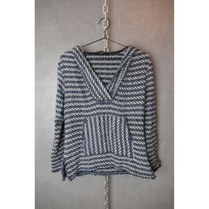 Rachel Zoe Womens Blue White‎ Tweed Hoodie Fringed Pullover Top Size S